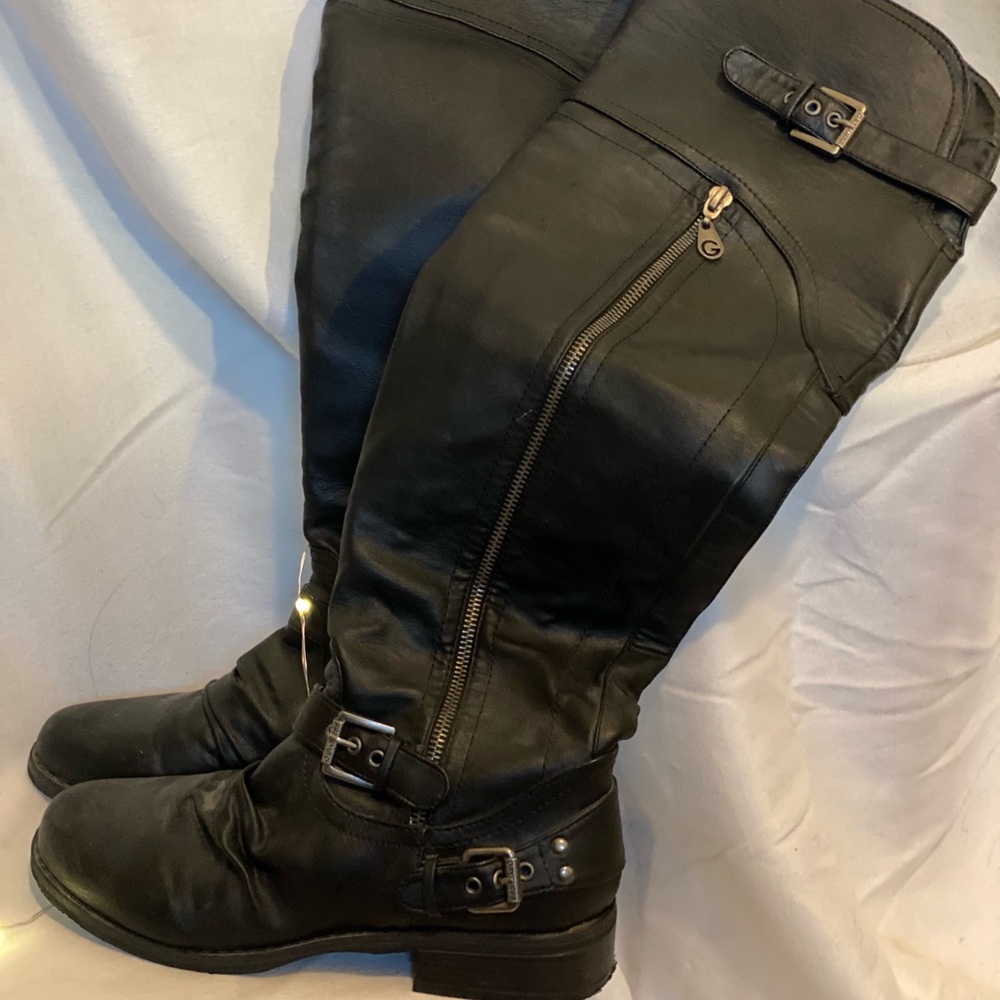 Black leather knee high boots